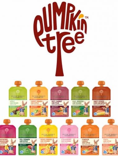 Peter Rabbits Organics baby food pouches by Pumpkin Tree - photo of all the flavor varieties
