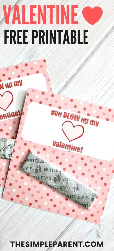Free printable Valentine card with sticks of gum treats