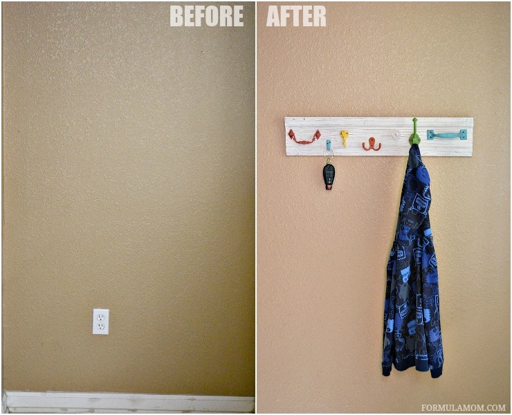 Turn that drab space in your house into something more useful with this easy DIY Mudroom Makeover. All you need is a little touch up paint and something to add usefulness and interest! This home DOY project can be done in an hour!