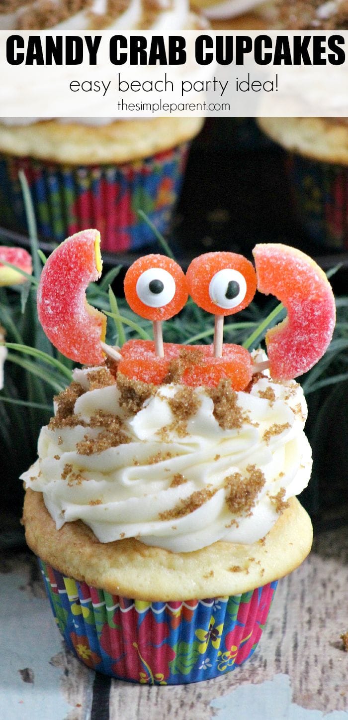 Check out how easy it is to make these Candy Crab Cupcakes! They are perfect for a beach or ocean themed party or just for fun! Easy cupcake decorating idea for easy party planning!