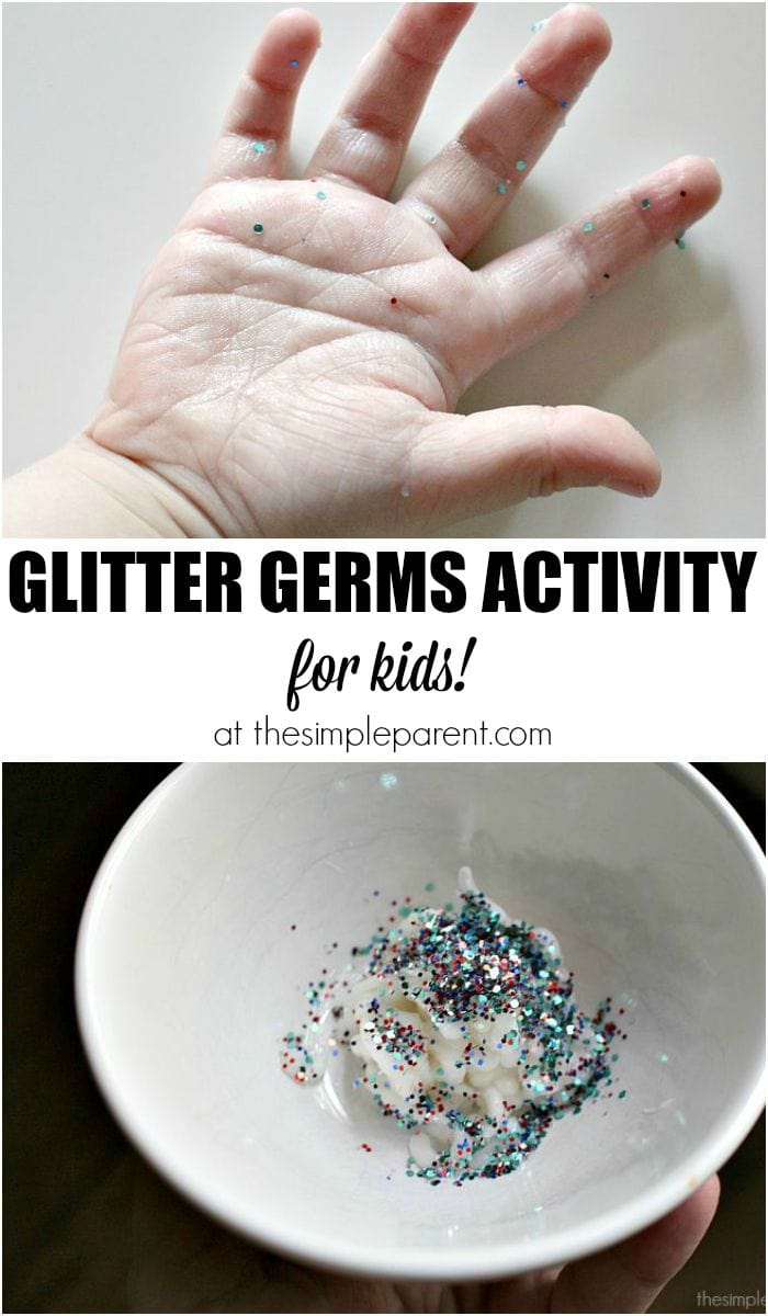 Glitter Germs Activities for Kids - Teach your kids the importance of handwashing with this fun handwashing lesson. It's great for younger kids especially those preschool age kids! Teaching them is easy when they're having fun! I love the simple ingredient that makes the glitter stick to their hands!