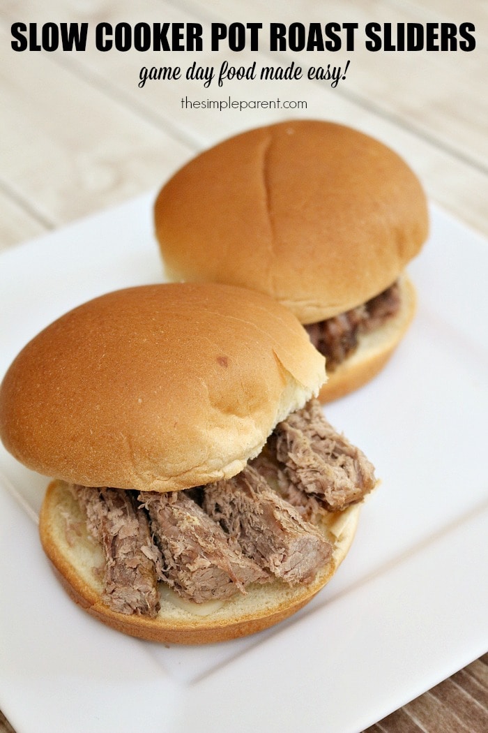Slow cooker pot roast sliders are perfect for game day! They are bite sized and easy to customize. Plus, the slow cooker recipe means minimal prep!