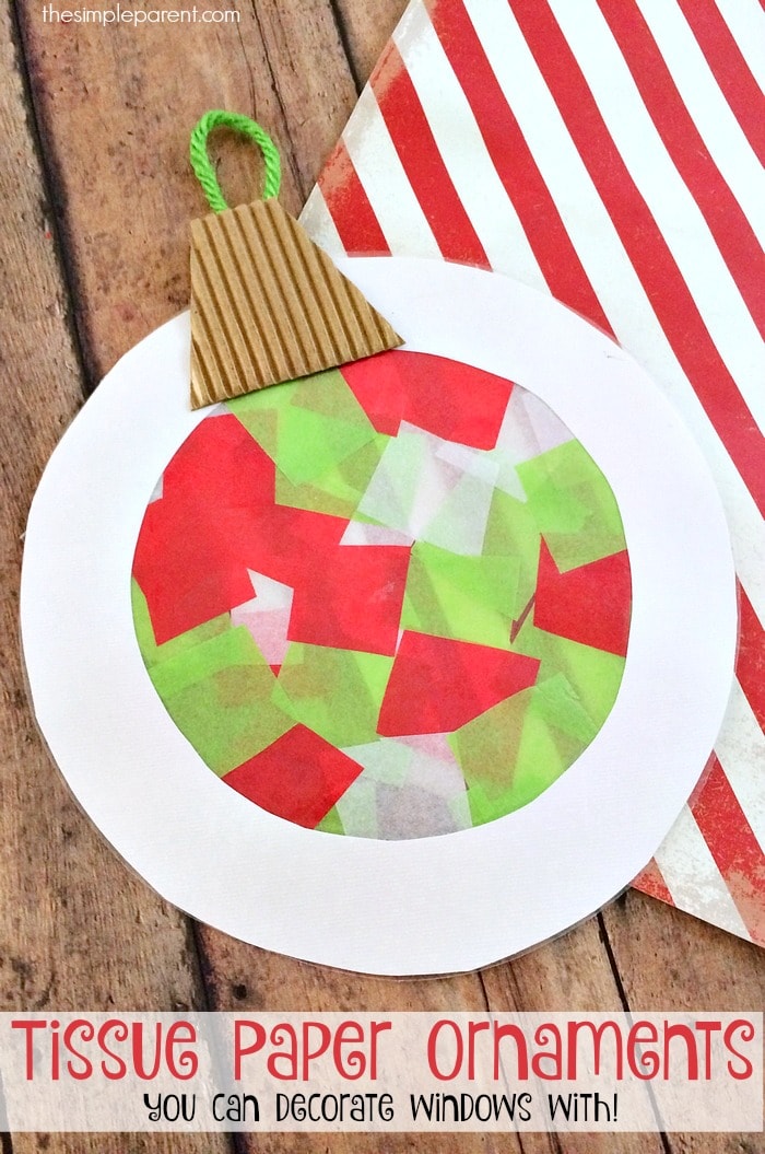 These tissue paper ornaments are a fun Christmas craft for kids! You can also use them to decorate your windows since they double as sun catchers!