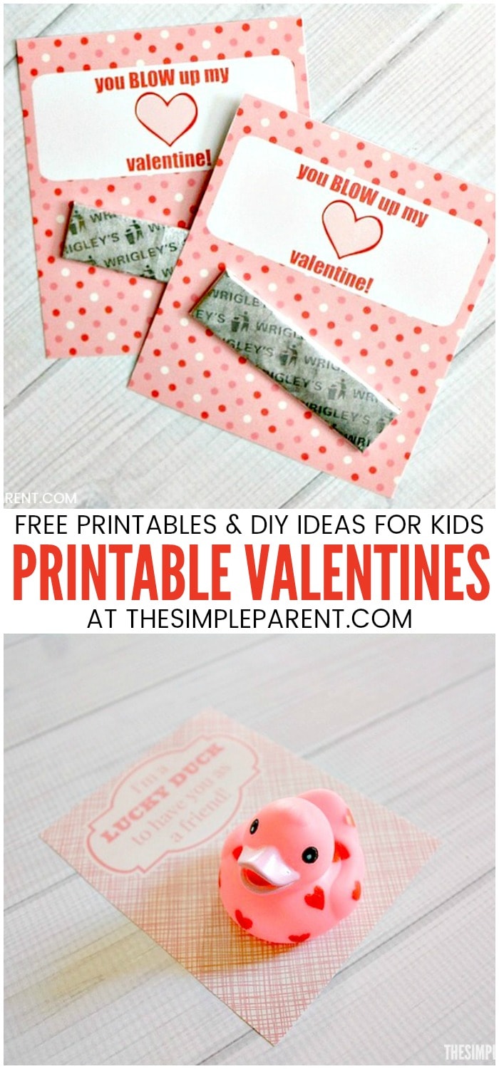 Printable Valentines for Kids - We've got free Valentine's Day cards to print and other DIY Valentines for school and for teachers! Your kids can help you make these easy ideas. I think the rubber duck is my favorite and perfect for gifting to friends!