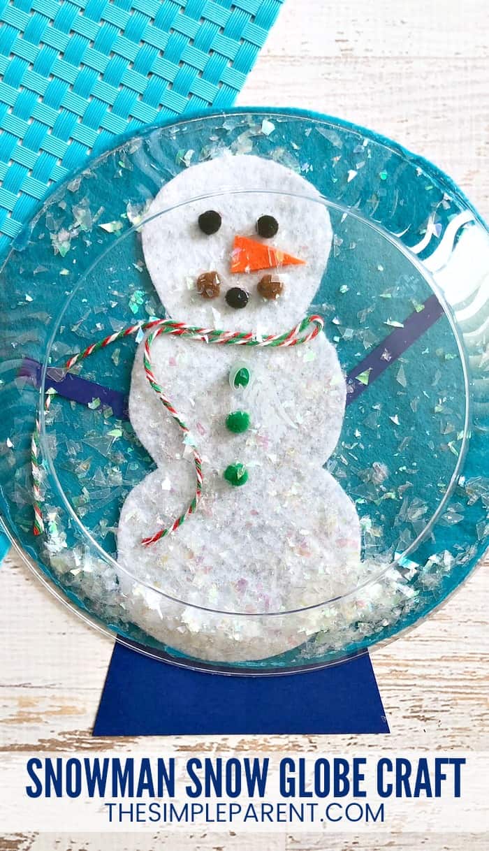 Snowman Snow Globe Craft - This easy DIY craft for kids is perfect for preschool through kindergarten. Older kids can help out too! You can use pom poms, ribbon, and leftover craft supplies to decorate the snowman!