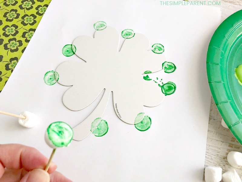 Marshmallow painting is a fun way to practice fine motor skills! This St. Patrick's Day Shamrock is a great way to celebrate