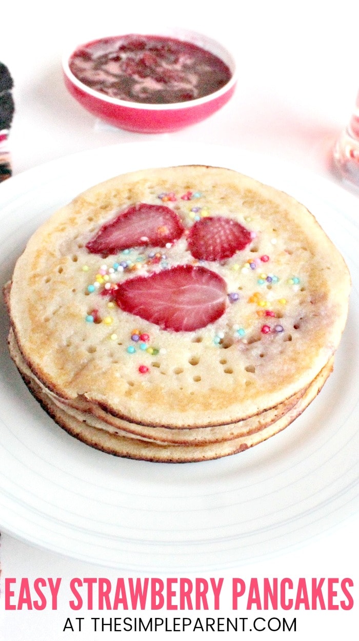 Strawberry Pancake Recipe - This easy recipe can be made with mix if you need it to be quick. It's fun for kids and can also be whipped up with a variety of different berries and even banana! If you want a great sit down breakfast with your family, make these pancakes and our tasty Strawberry syrup recipe!