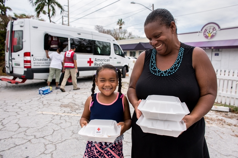 The American Red Cross provides meals to families during disasters.