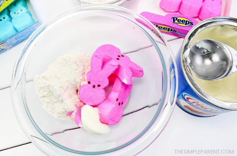 The first step to make Peeps Marshmallow Playdough before you put it in the microwave.