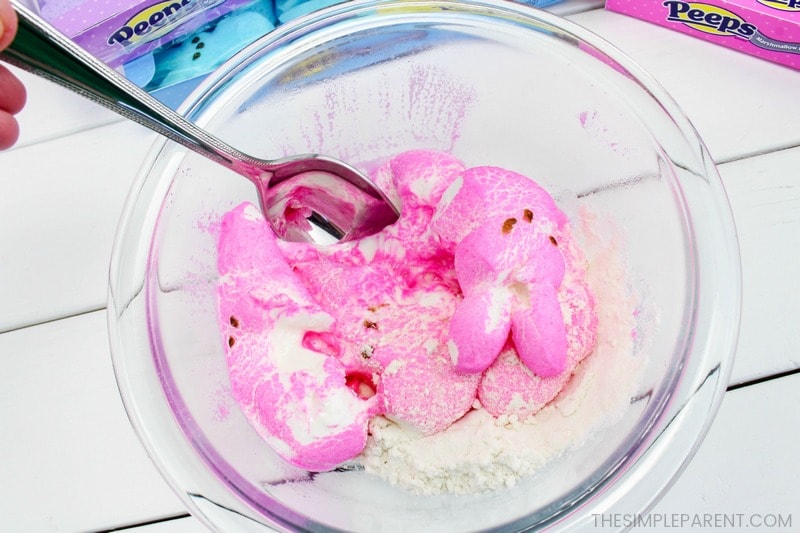 Follow this mixing step to make microwave playdough using marshmallows!