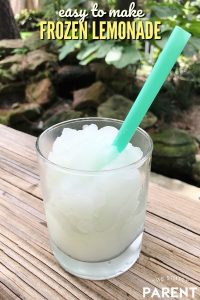 Frozen Lemonade is an easy recipe that is perfect for summer! Learn how to make your own slushie for kids with just one simple ingredient! Or personalize your drink by adding some fresh fruit!