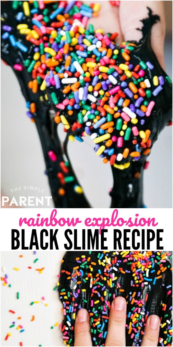 How to Make Black Slime - This black slime recipe is a fun take on rainbow slime! You can use glitter or sprinkles to add a rainbow explosion! This paint slime is easy to make and fun for kids! No borax recipe!