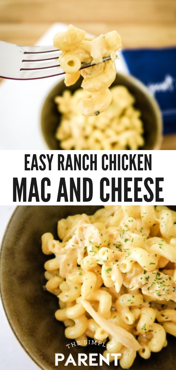 Ranch Chicken Mac and Cheese is a quick and easy family dinner recipe! It's got a delicious, creamy, cheesy sauce with tons of flavor. It's also extremely versatile! Add your faves like broccoli, bacon, ham, peas, and more! It's simple with help from shredded chicken (our favorite is leftover Rotisserie chicken) and a few minutes on the Stovetop! PIN this recipe to save it for next busy family night!