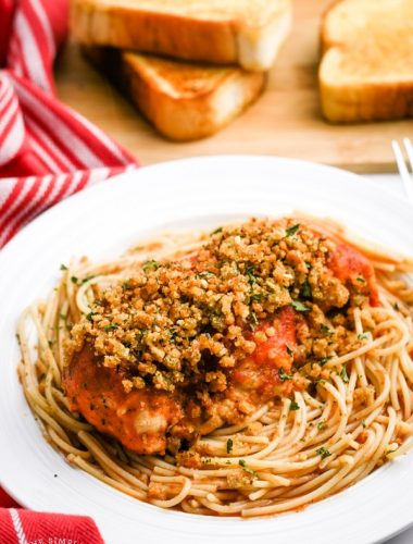 Crockpot Chicken Parmesan made with spaghetti
