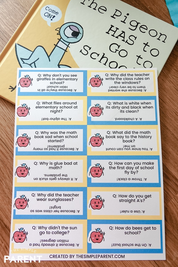 Printable school jokes with The Pigeon HAS to Go to School book