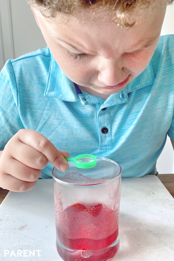 Boy looking at glass of fake blood.