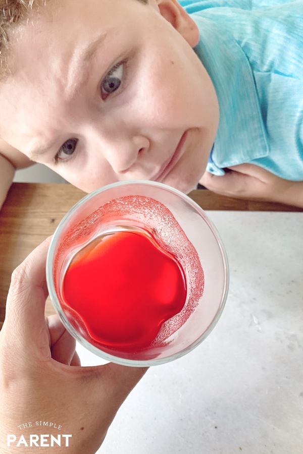 Boy looking at glass of fake blood made with the Scientific Explorer® Disgusting Biology Kit
