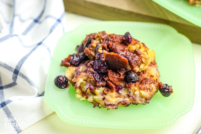 Blueberry Crockpot French Toast Casserole on a green plate