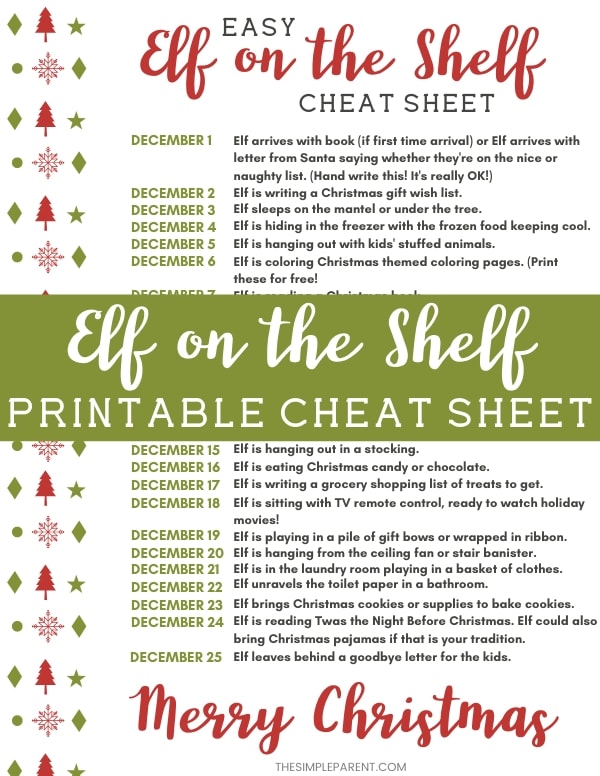 Printable Elf on the Shelf Cheat Sheet of Ideas