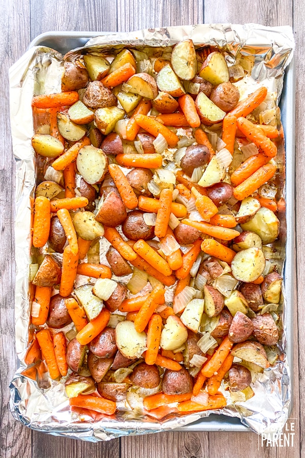 Red Potatoes and Baby Carrots roasted on a sheet pan