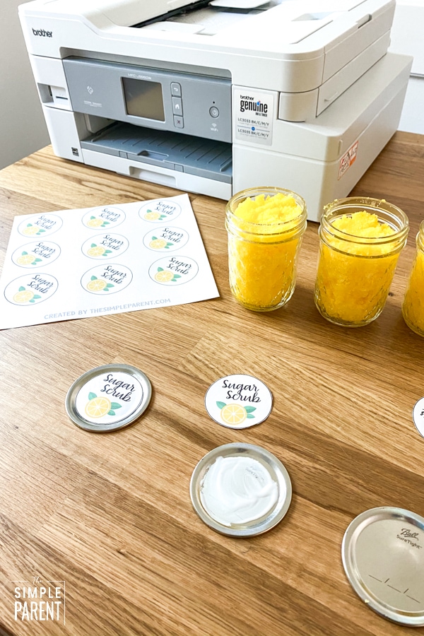 Printer and printed labels for lids of sugar scrub jars