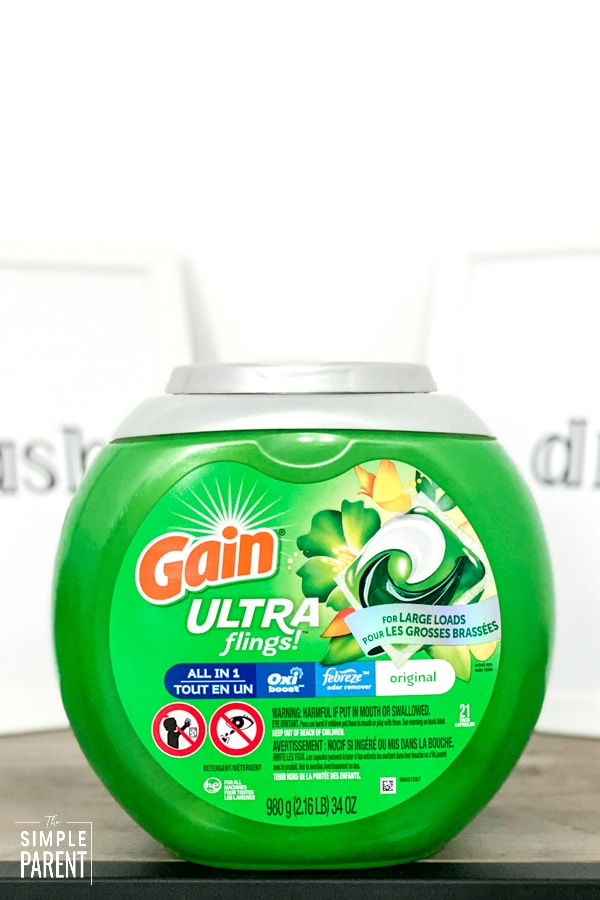 Gain Ultra Flings laundry detergent sitting on counter