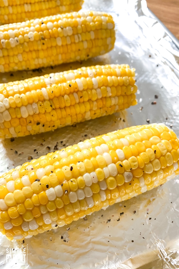 Pan of oven roasted corn on the cob