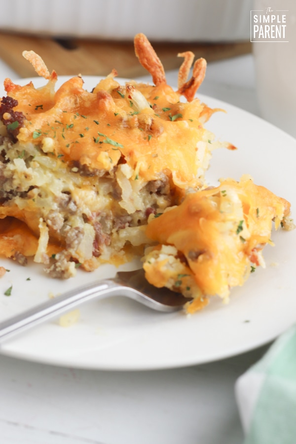 Plate of Bisquick Breakfast Casserole with a fork