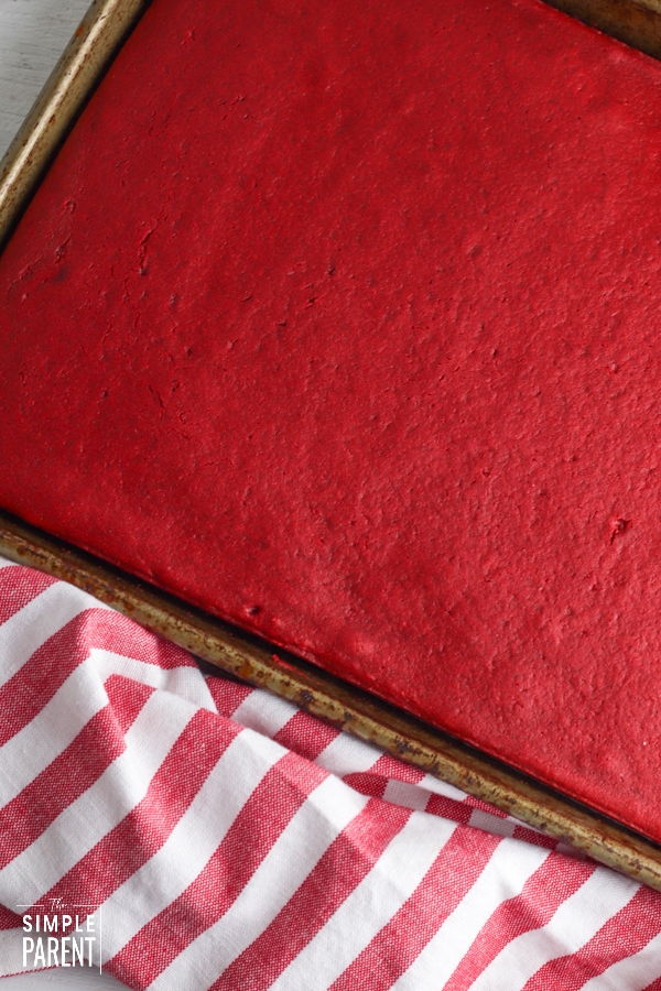 Red velvet sheet cake baked in a pan