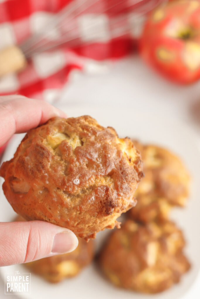 Hand holding an apple fritter made in the air fryer