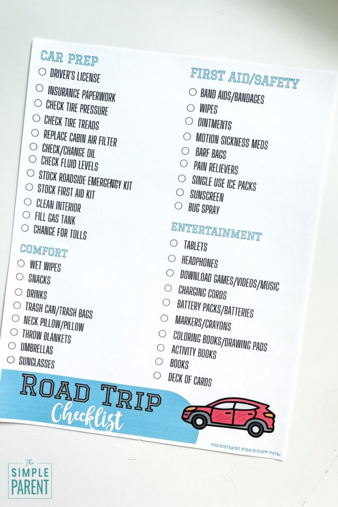 Printable Road Trip Planning Checklist on white table