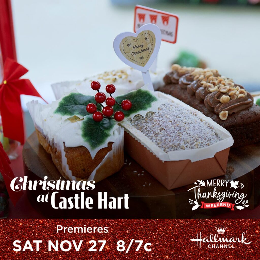 Display of baked goods with holly berries advertising Hallmark Channel Countdown to Christmas movies