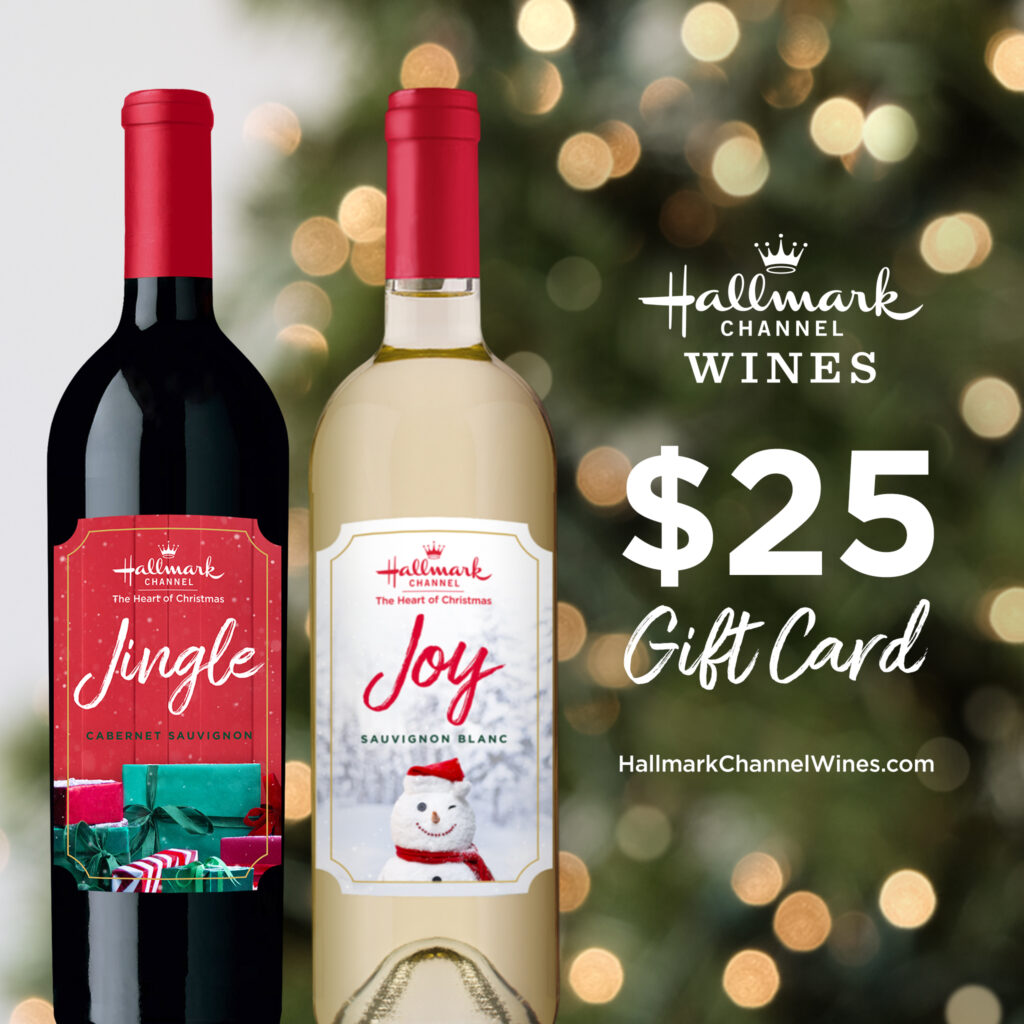 Two bottles of Hallmark Channel holiday wines with a red win called Jingle and a white wine called Joy