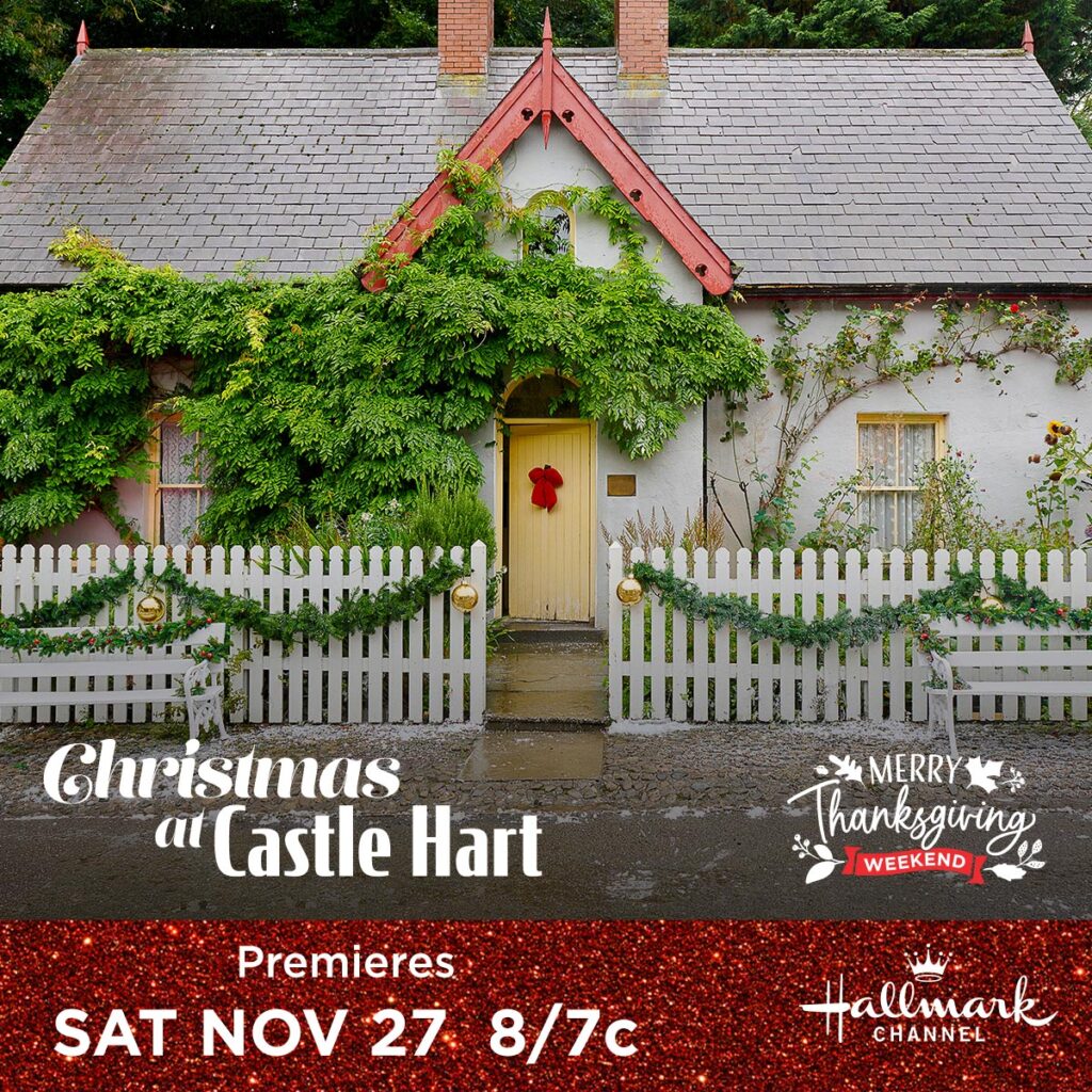 Photo of decorated house in the Hallmark Countdown to Christmas movie Christmas at Castle Hart