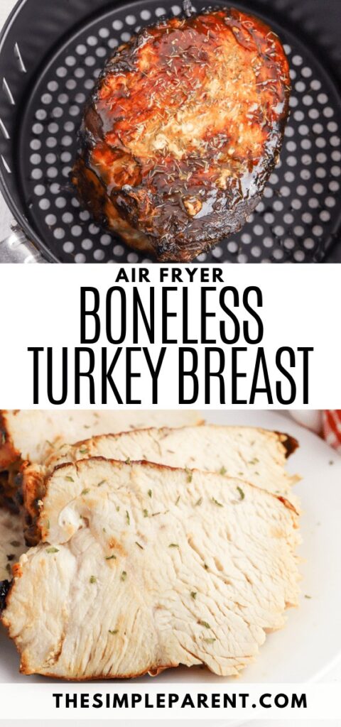 Sliced turkey breast and turkey breast in air fryer basket