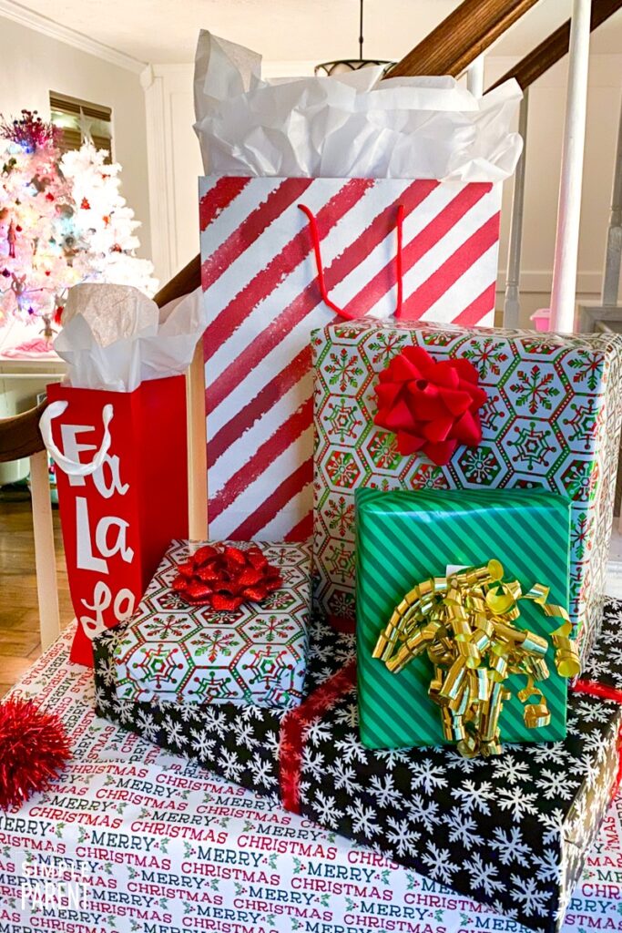 Holiday presents in striped wrapping paper
