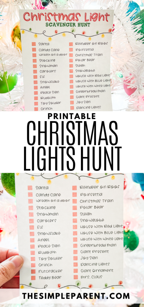 Two photos of printable Christmas scavenger hunt in front of white Christmas tree with colored lights