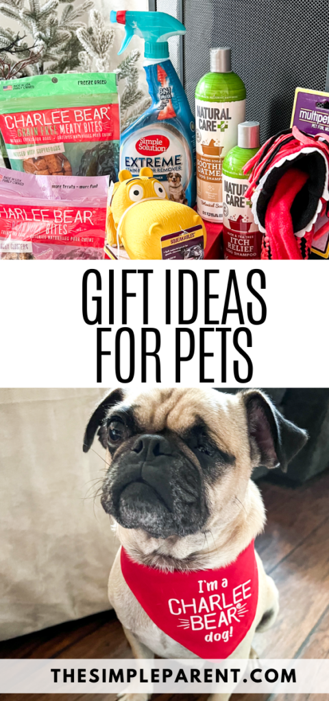 Photo of dog gift ideas on fireplace and a pug wearing a red bandana