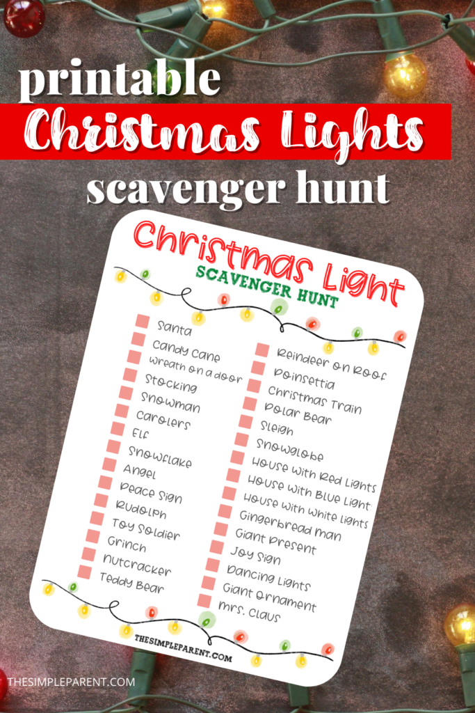 Printable Christmas Light Scavenger checklist on brown background with a string of lights