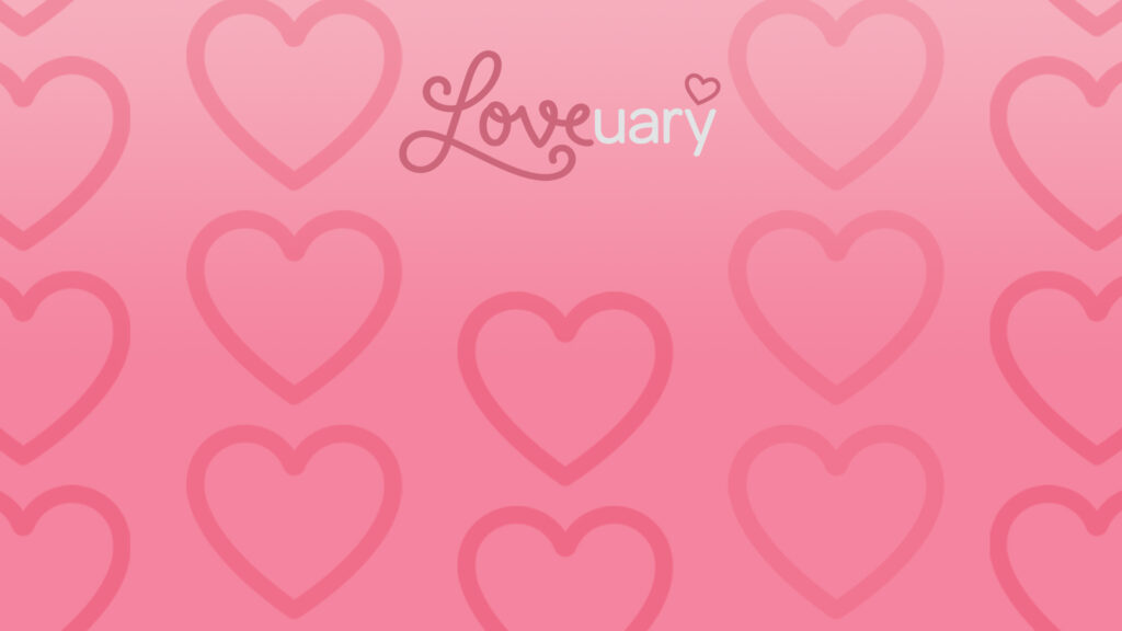 Dark pink heart shapes on ombre pink background with the word Loveuary Zoom background