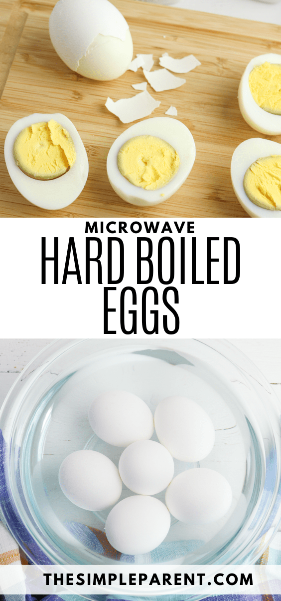 Two photos of boiled eggs - sliced eggs on cutting board with egg shell and bowl of water with whole eggs