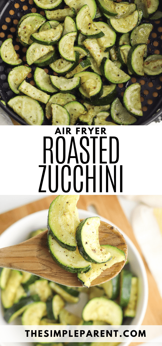 Two images of air fryer zucchini - zucchini slices in black air fryer basket & cooked zucchini slices in white serving bowl