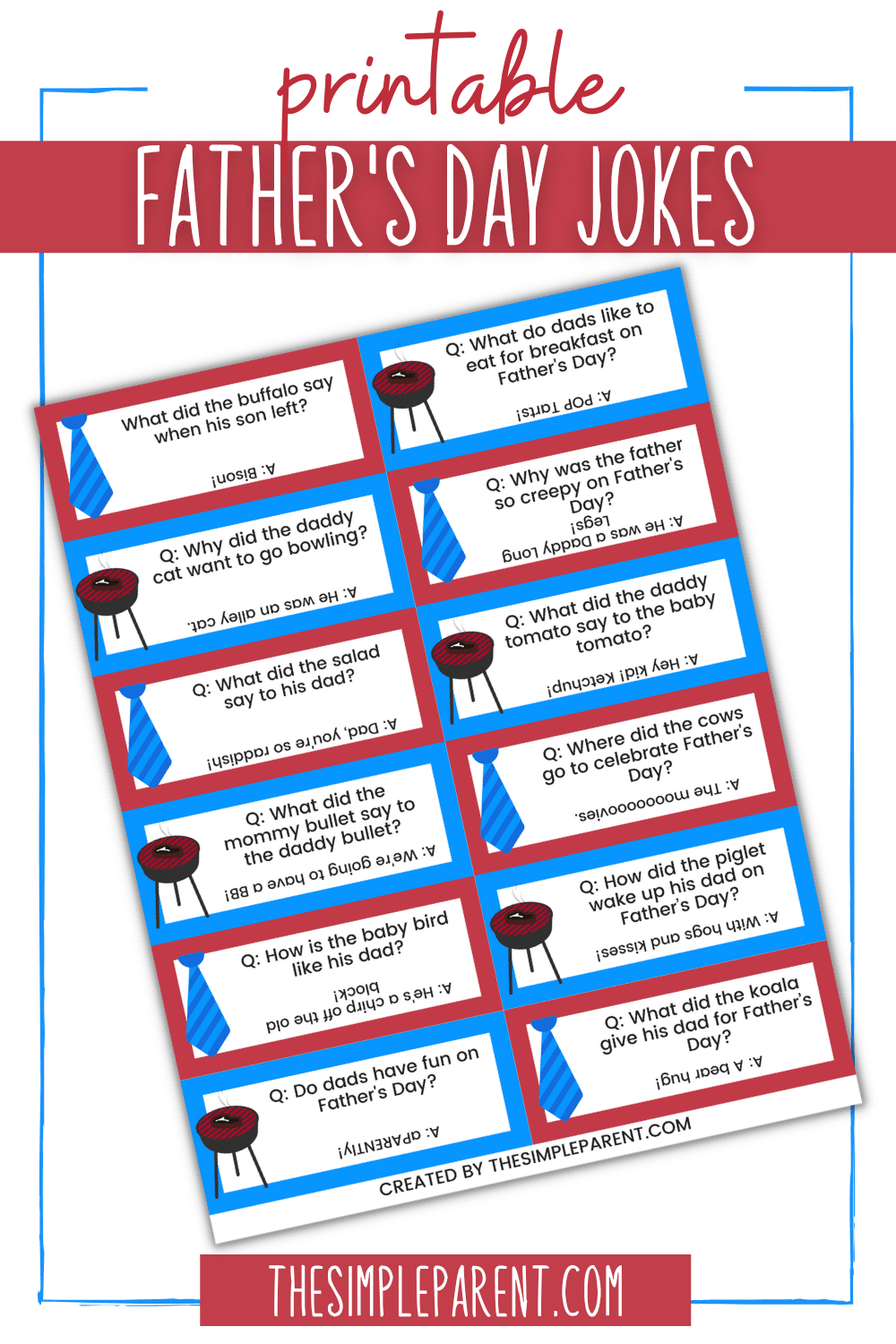 Father's Day jokes on small rectangle cards with blue and red borders, tie and grill clipart