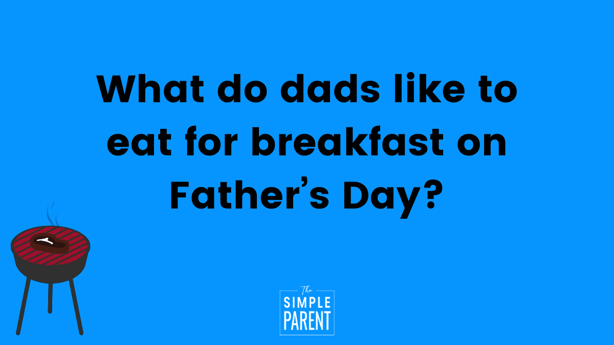 Blue background with text What do dads like for breakfast on Father's Day?  Father's Day Joke and a Black BBQ Grill Clipart