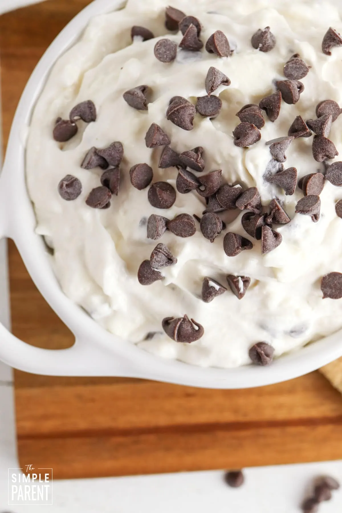 Bowl of Booty Dip topped with mini chocolate chips