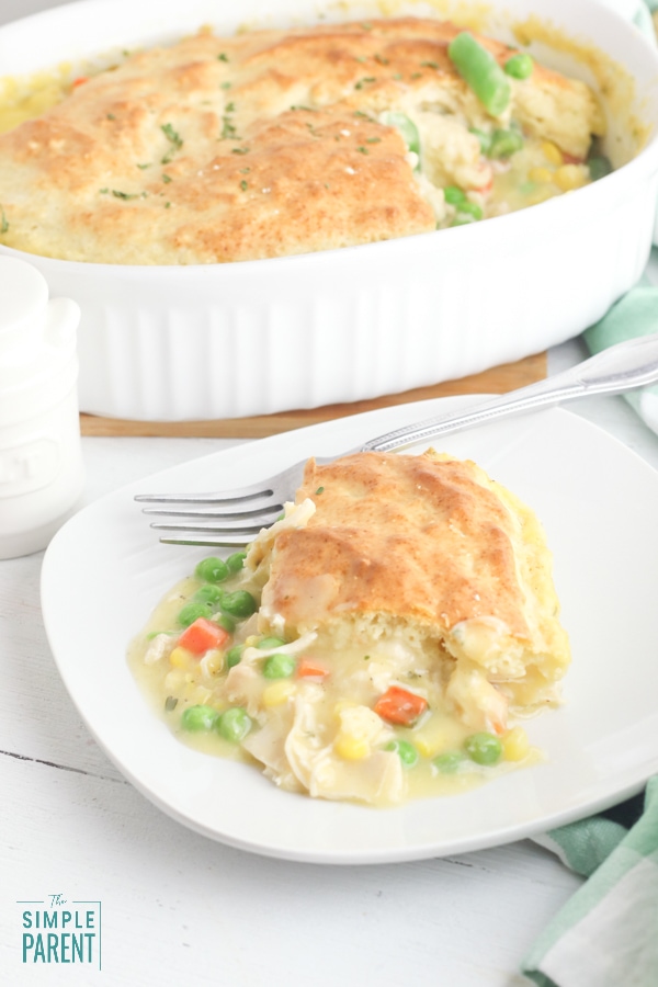 Serving of Bisquick pot pie on white plate