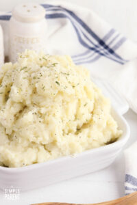 Microwave Mashed Potatoes in white serving bowl