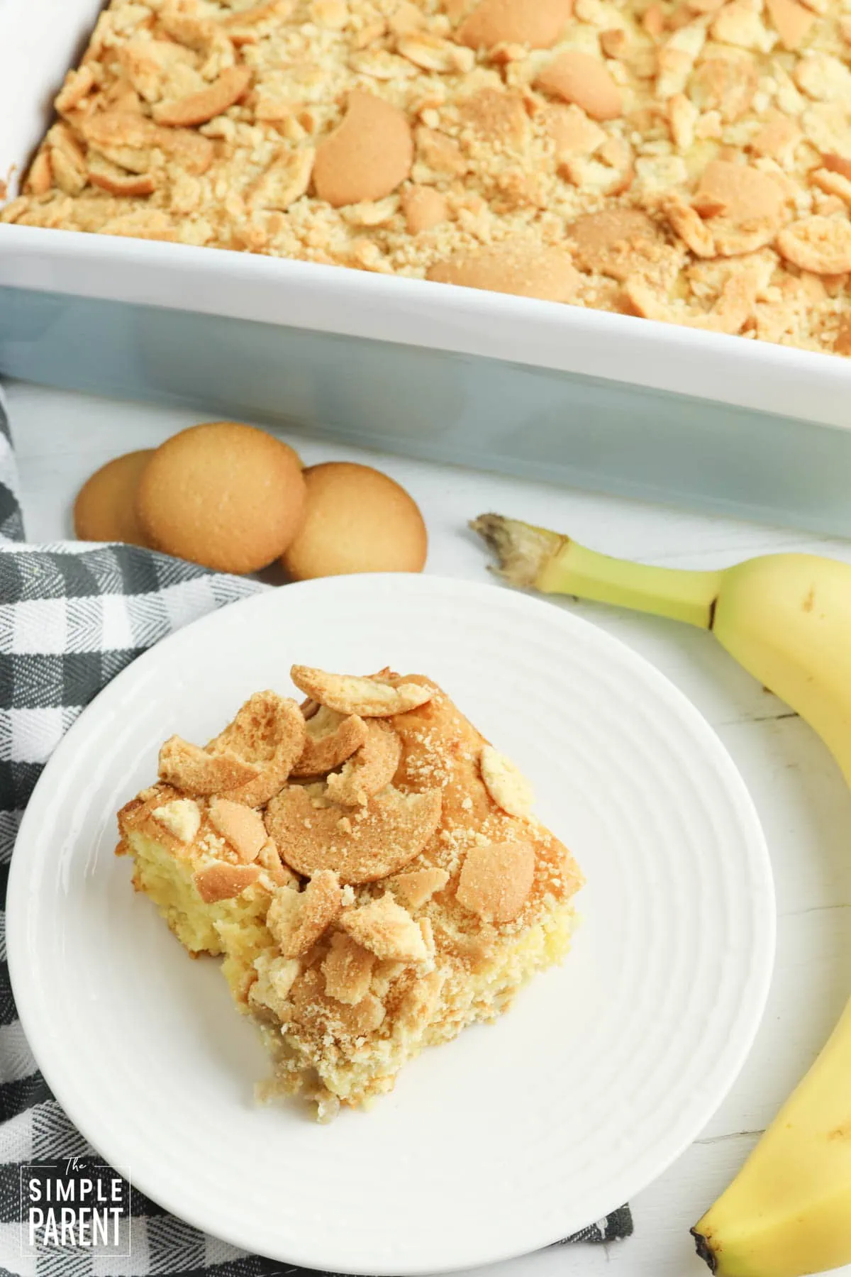 Banana Pudding Browies in baking dish and on plate