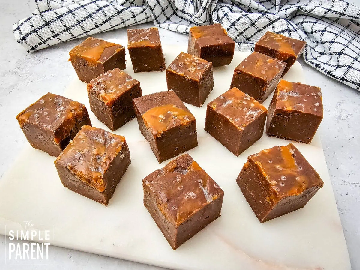 Caramel chcoolate fudge pieces on white plate