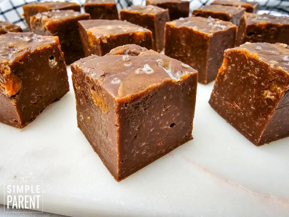 Caramel Milk Chocolate Fudge on white serving board